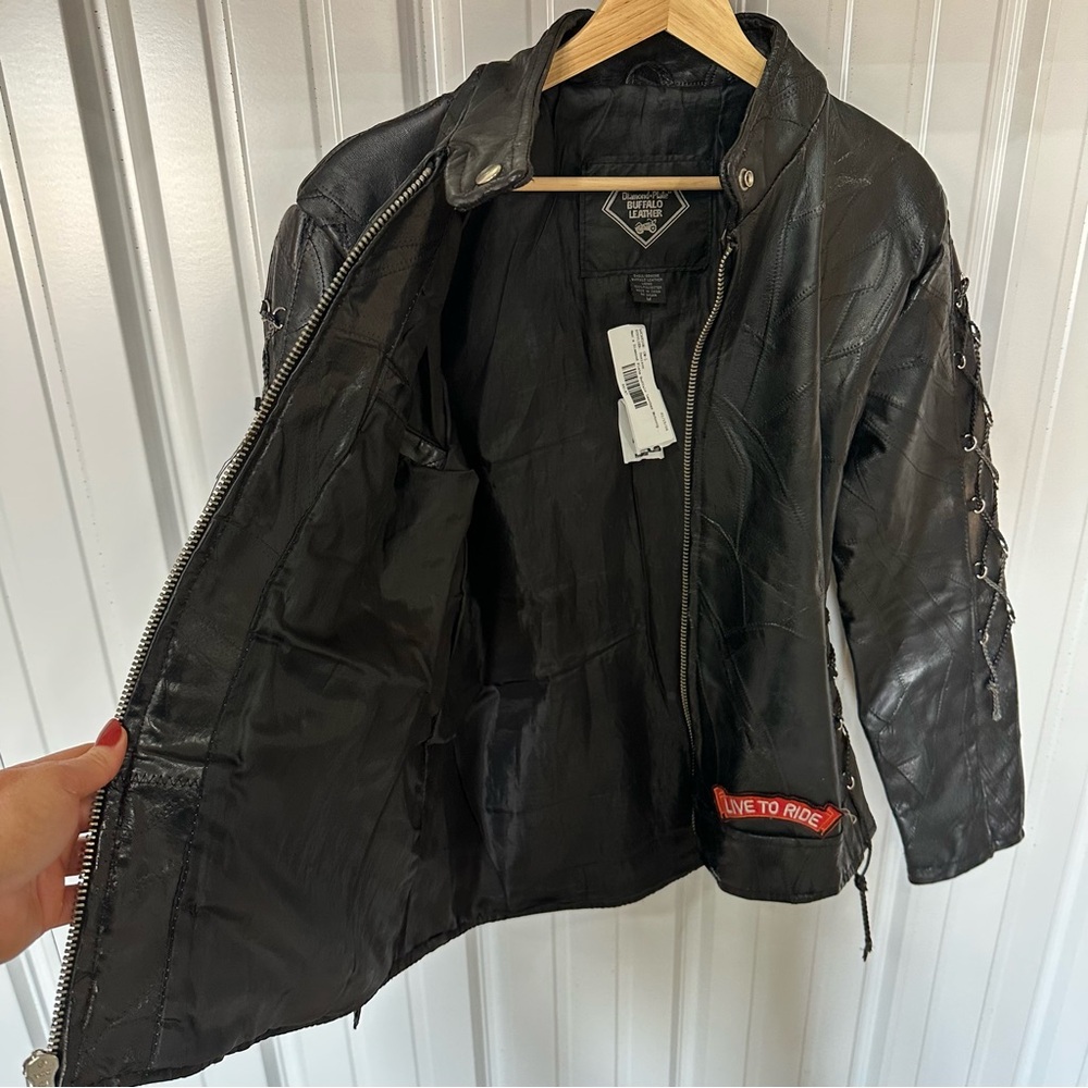 Vintage Mens Diamond Plate Buffalo Motorcycle Black Leather Patch Jacket Medium - Picture 8 of 10